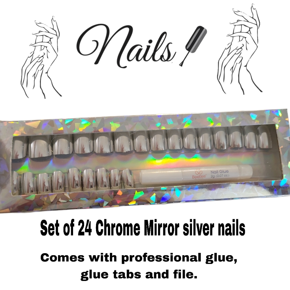 SILVER CHROME MIRROR PRESS ON GLUE ON NAILS 💅 SALON QUALITY GLUE & FILE - Picture 5 of 14